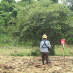 金属探知器で地雷を探査